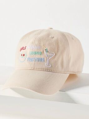 NWT Anthropologie Beige Embroidered 'Girls Want Dinner Parties' Baseball Cap